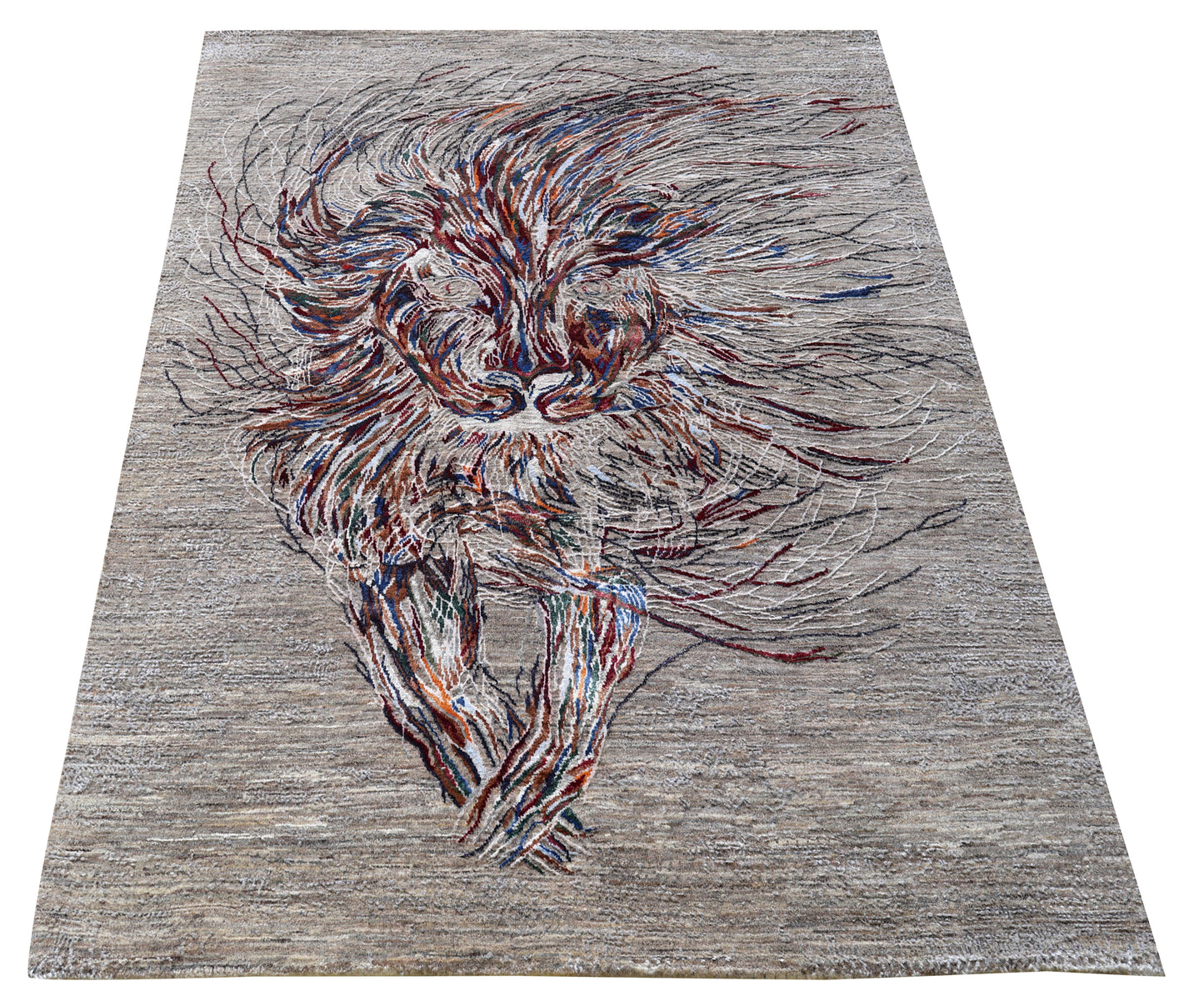 Grey Abstract Expressionist Lion Hand Knotted Wool Viscose Contemporary 5.6x8 Area Rug