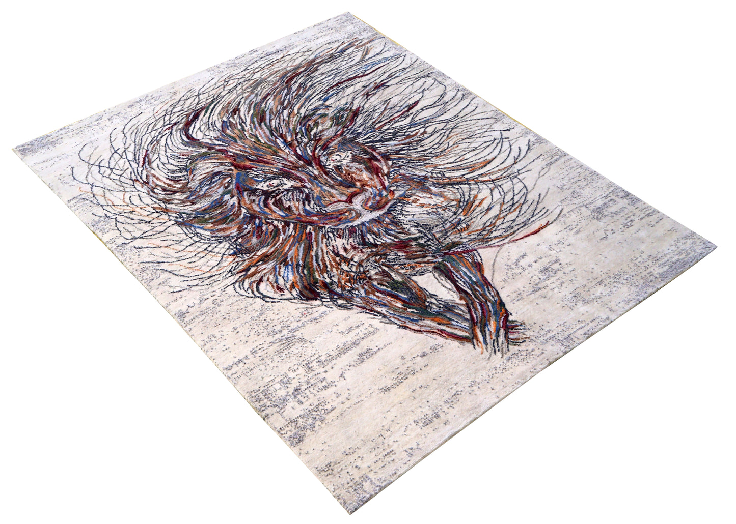 Ivory Abstract Expressionist Lion Hand Knotted Wool Viscose Contemporary 6x8 Area Rug
