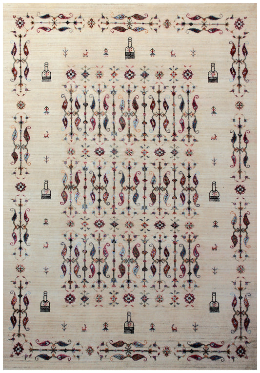 Paisley Gabbeh 5.6x8 Hand Knotted Ivory Vibrant Color Area Rug