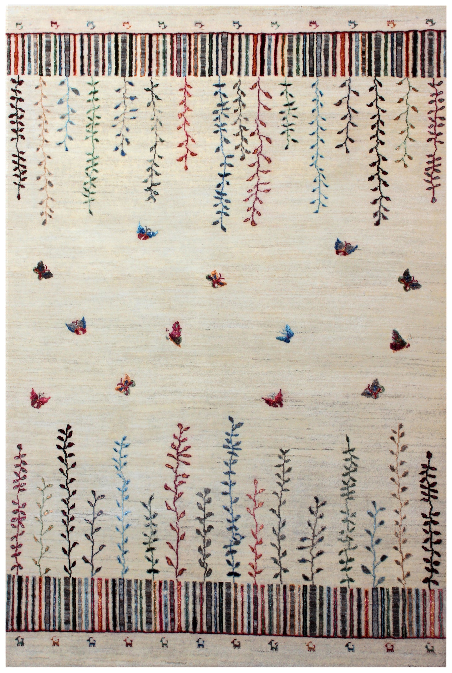 Ivory Vibrant Color Gabbeh 5.6x8 Hand Knotted Butterfly Vine Area Rug