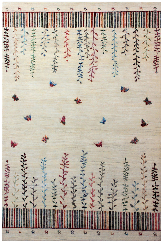 Ivory Vibrant Color Gabbeh 5.6x8 Hand Knotted Butterfly Vine Area Rug