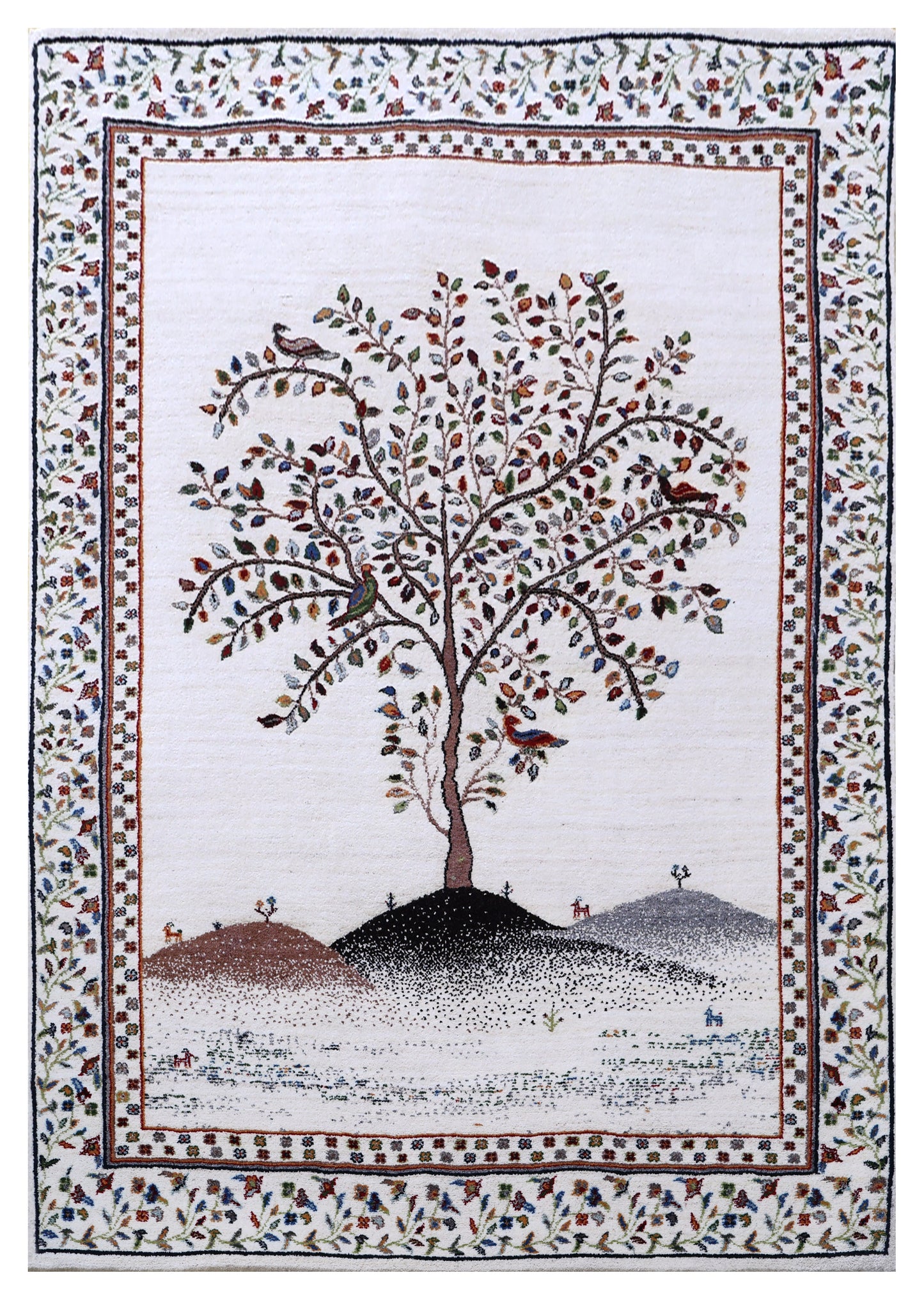 Ivory Persian Tree of Life with Birds Wool Viscose Hand Knotted Traditional 5.6x8 Area Rug