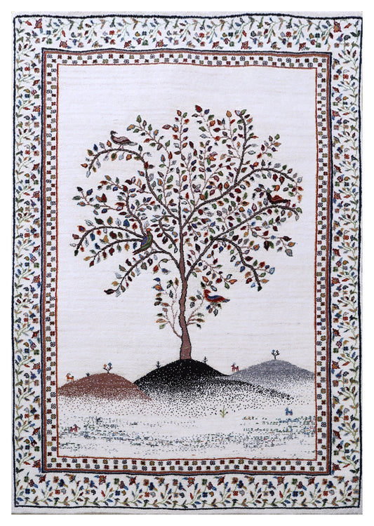 Ivory Persian Tree of Life with Birds Wool Viscose Hand Knotted Traditional 5.6x8 Area Rug