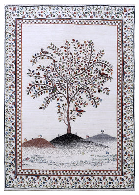 Ivory Persian Tree of Life with Birds Wool Viscose Hand Knotted Traditional 5.6x8 Area Rug