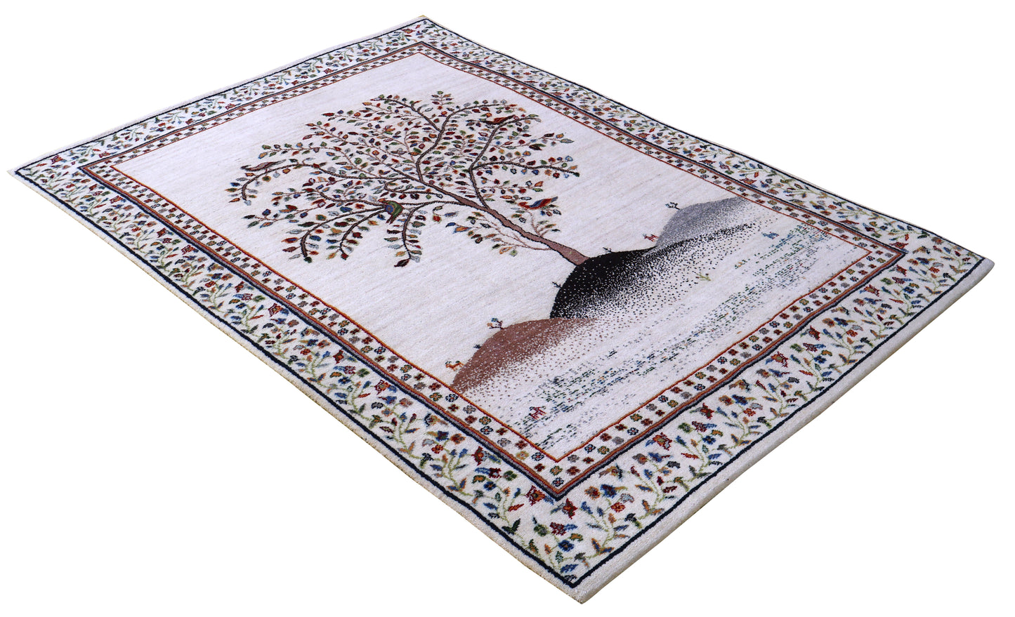 Ivory Persian Tree of Life with Birds Wool Viscose Hand Knotted Traditional 5.6x8 Area Rug