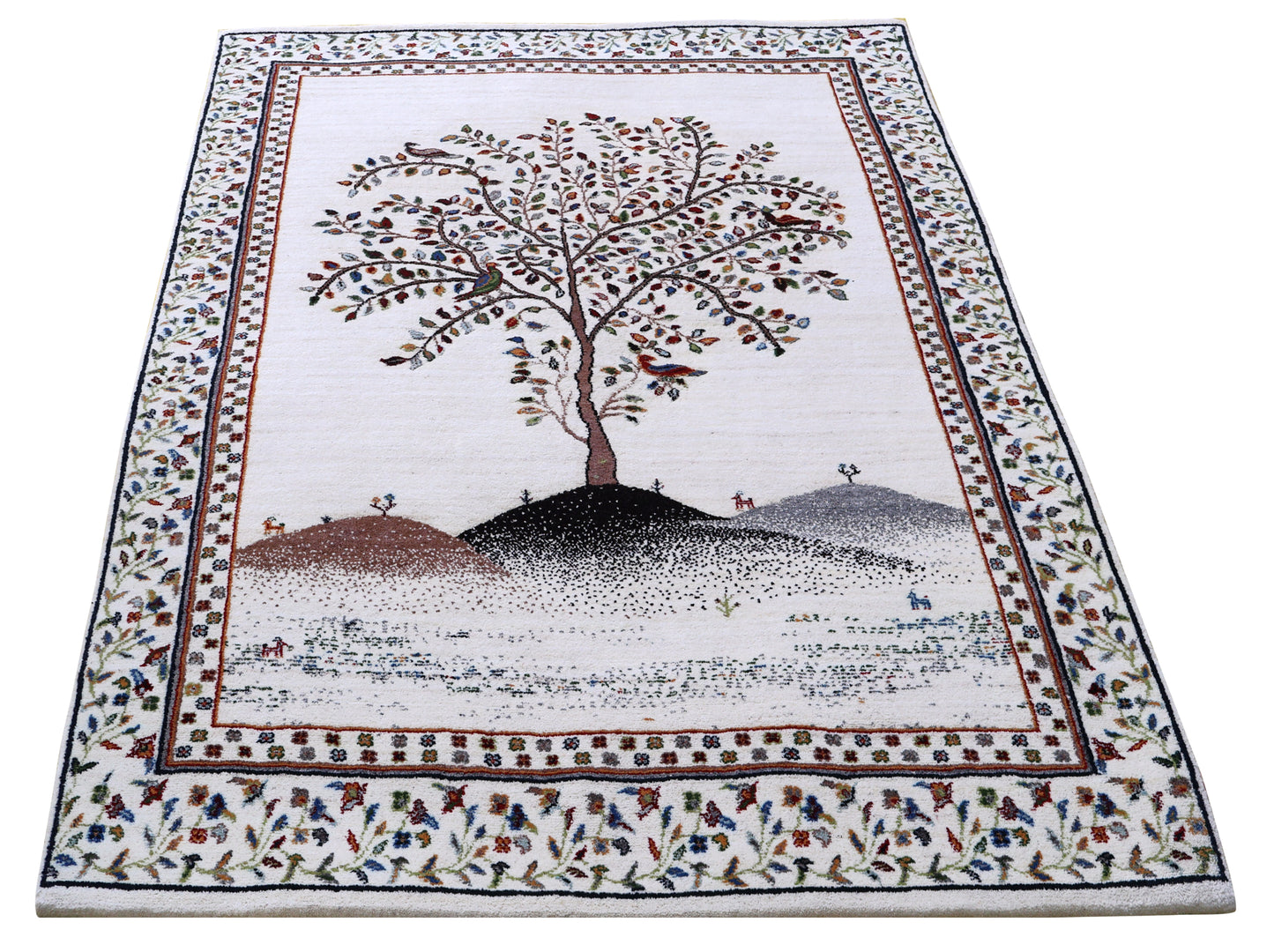 Ivory Persian Tree of Life with Birds Wool Viscose Hand Knotted Traditional 5.6x8 Area Rug
