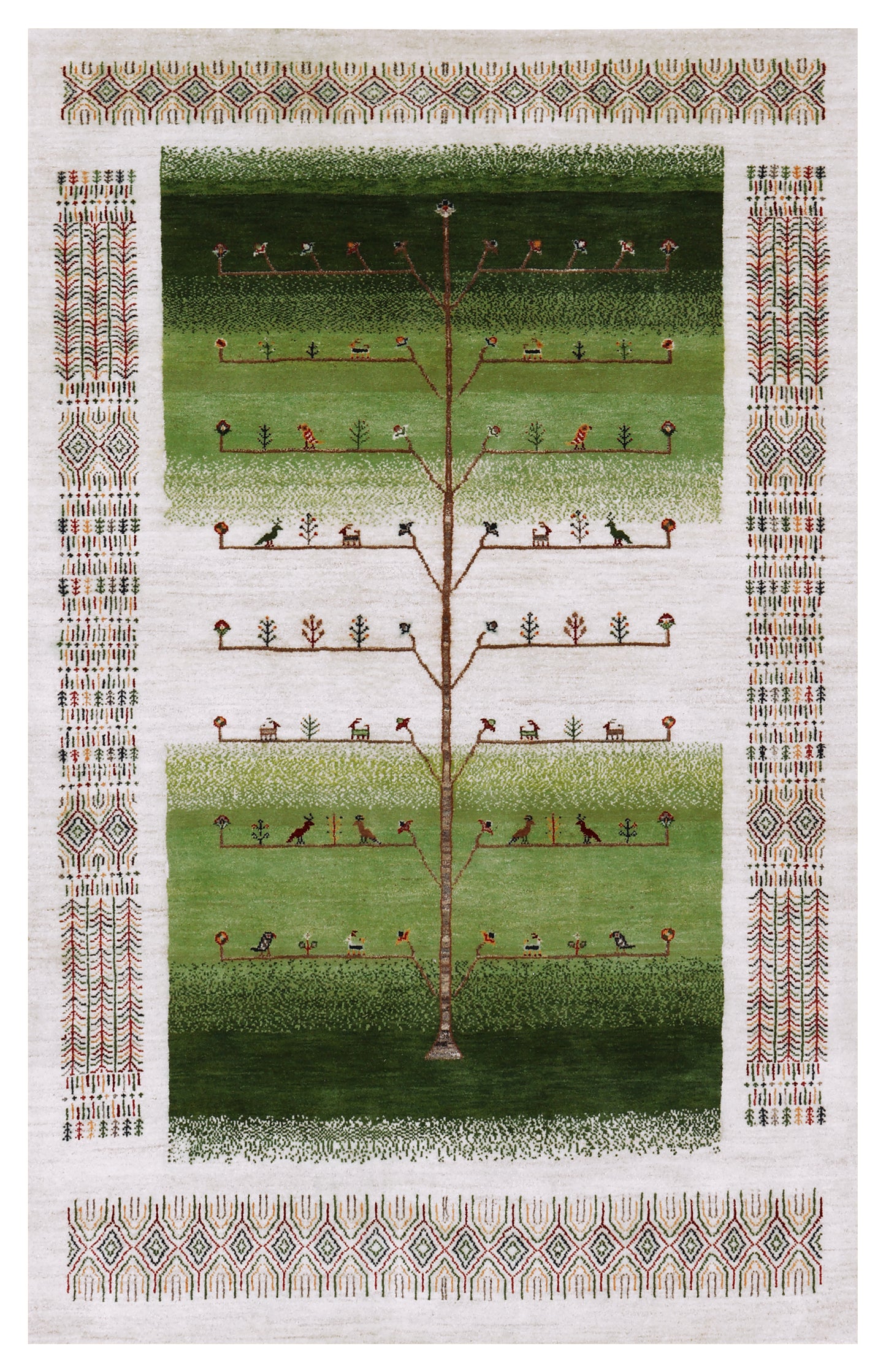 Ivory Green Gabbeh Tree of Life Pictorial Wool Viscose Hand Knotted Traditional 5.6x8.6 Area Rug