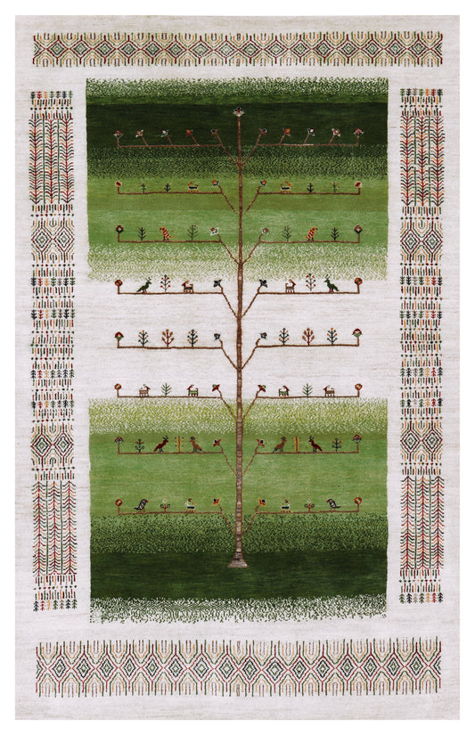 Ivory Green Gabbeh Tree of Life Pictorial Wool Viscose Hand Knotted Traditional 5.6x8.6 Area Rug