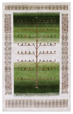 Ivory Green Gabbeh Tree of Life Pictorial Wool Viscose Hand Knotted Traditional 5.6x8.6 Area Rug