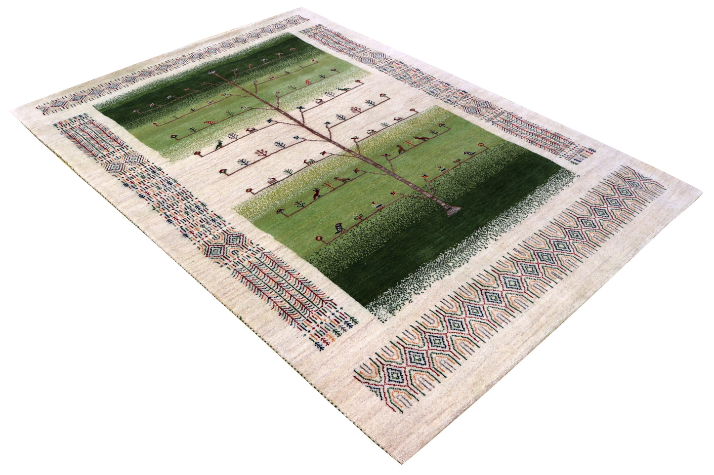 Ivory Green Gabbeh Tree of Life Pictorial Wool Viscose Hand Knotted Traditional 5.6x8.6 Area Rug