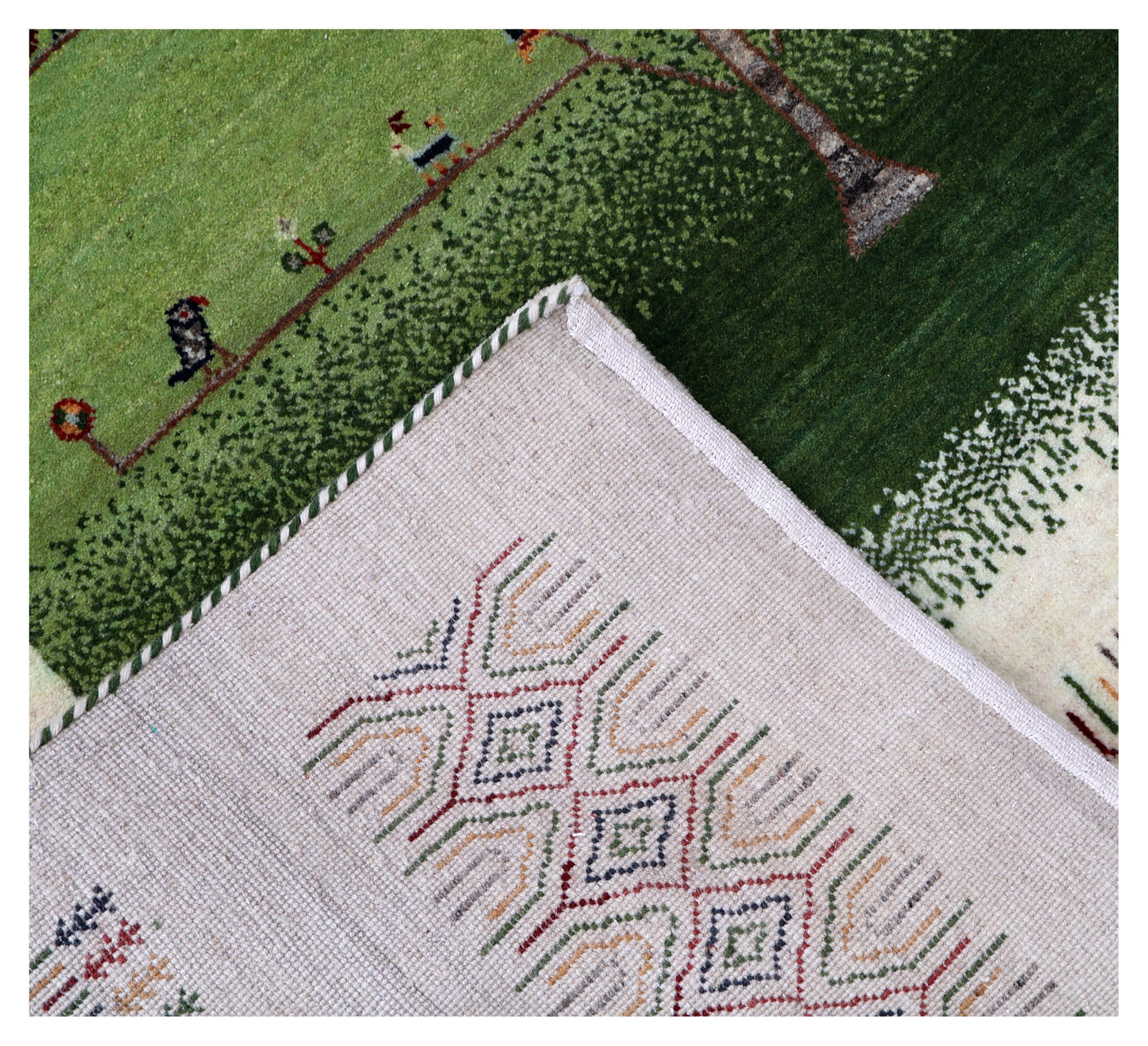 Ivory Green Gabbeh Tree of Life Pictorial Wool Viscose Hand Knotted Traditional 5.6x8.6 Area Rug