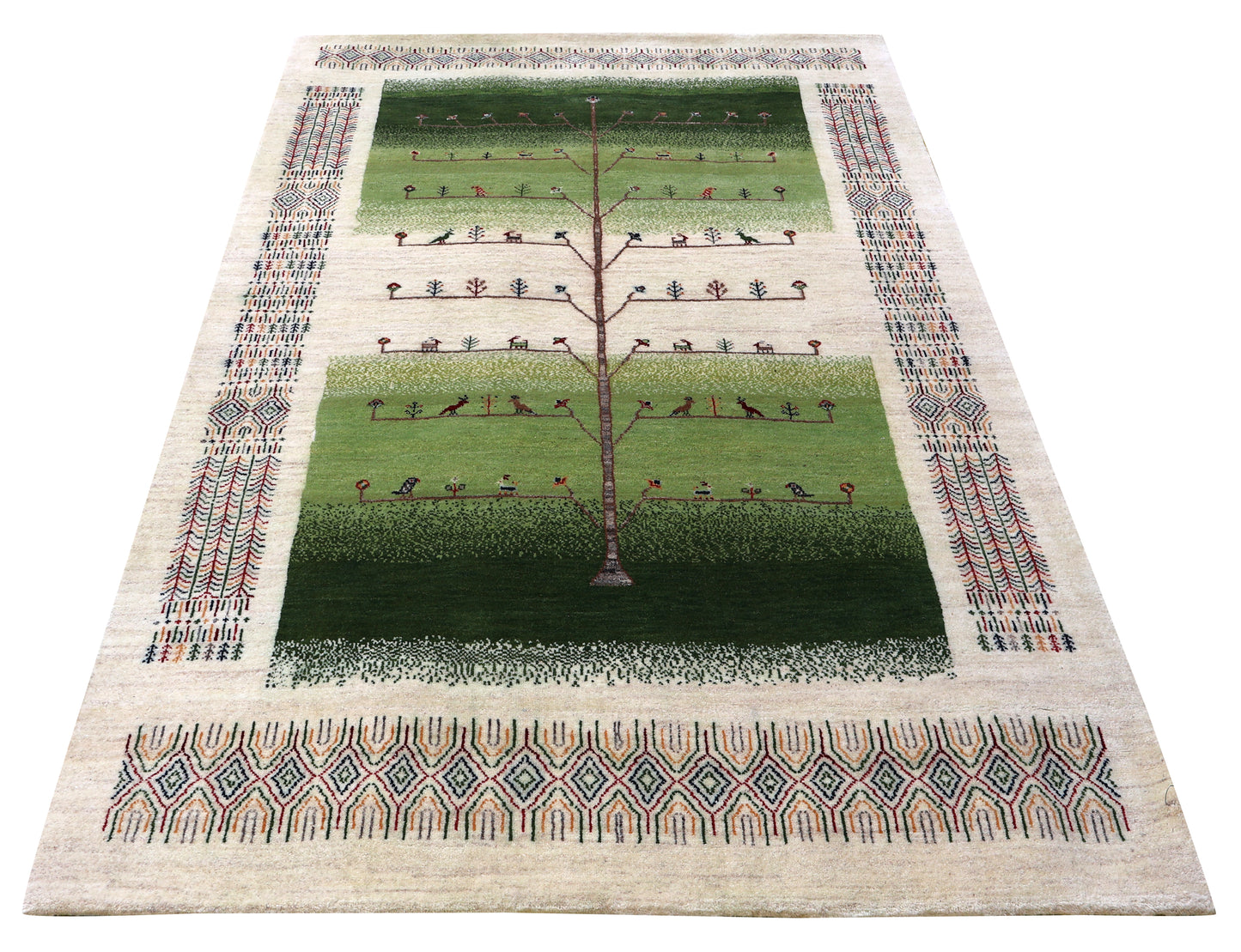 Ivory Green Gabbeh Tree of Life Pictorial Wool Viscose Hand Knotted Traditional 5.6x8.6 Area Rug