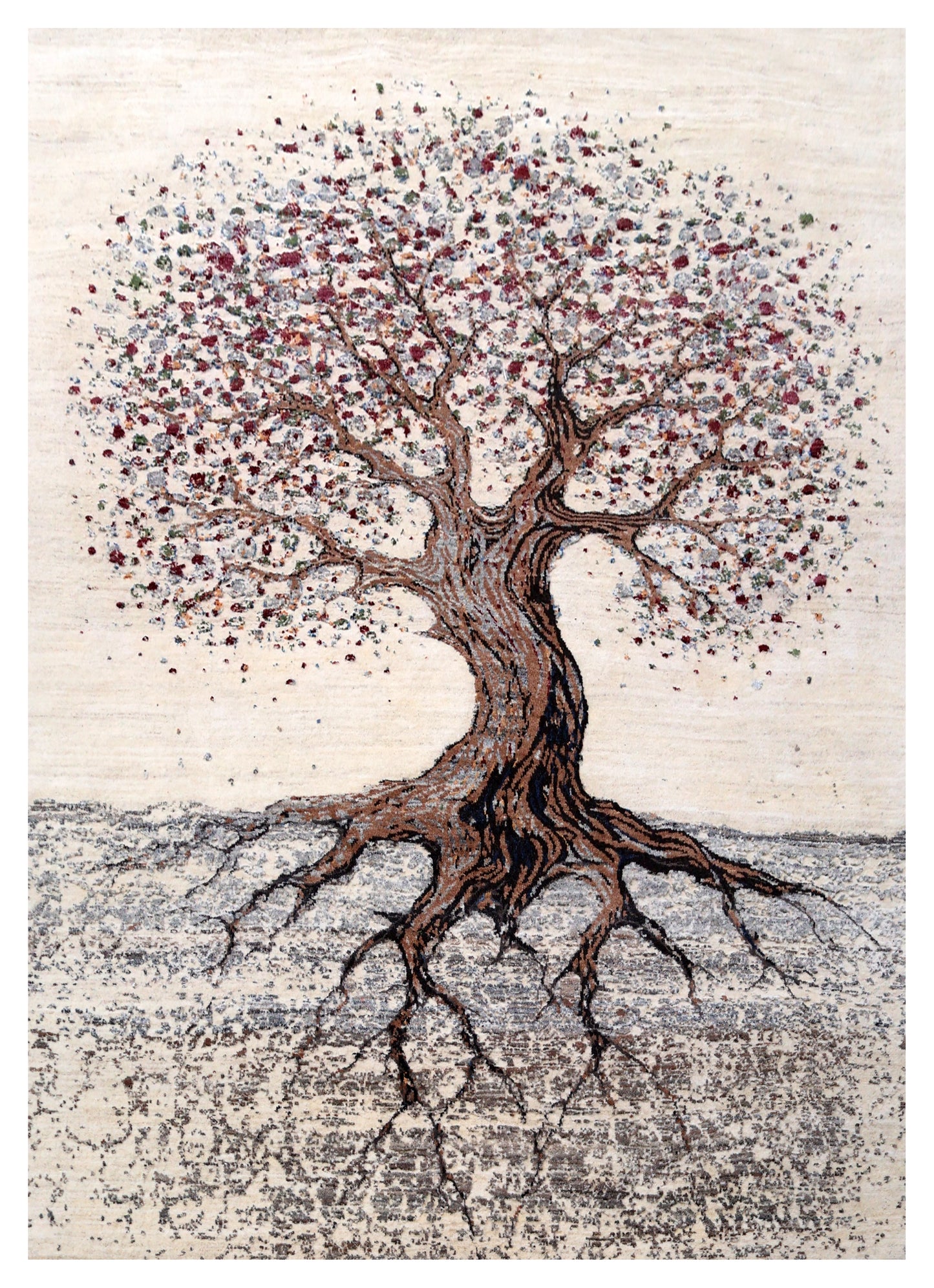 Ivory Ancient Tree of Life with Roots Wool Viscose Hand Knotted Contemporary 5.6x8 Area Rug