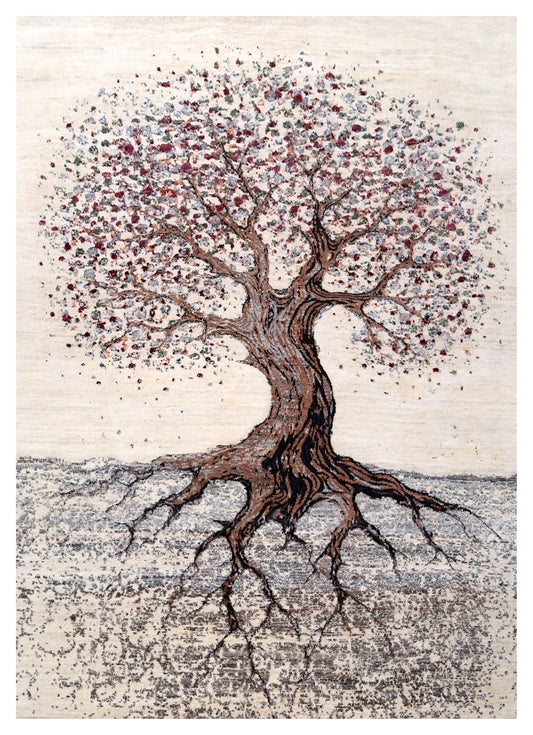 Ivory Ancient Tree of Life with Roots Wool Viscose Hand Knotted Contemporary 5.6x8 Area Rug