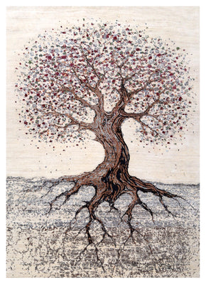 Ivory Ancient Tree of Life with Roots Wool Viscose Hand Knotted Contemporary 5.6x8 Area Rug