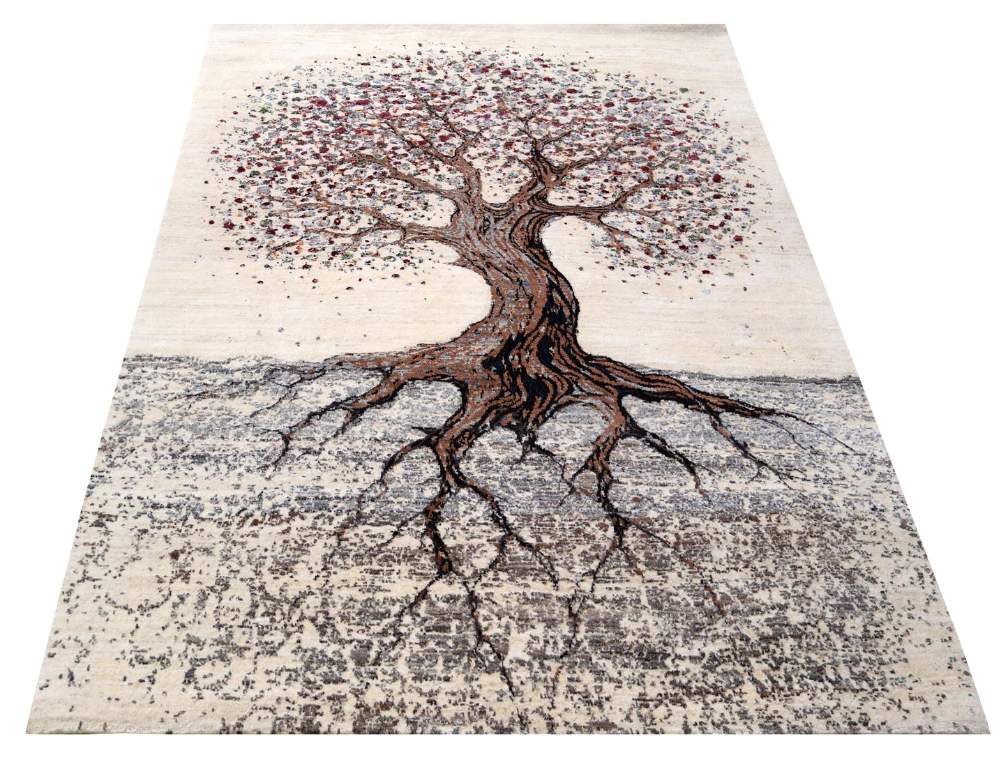 Ivory Ancient Tree of Life with Roots Wool Viscose Hand Knotted Contemporary 5.6x8 Area Rug