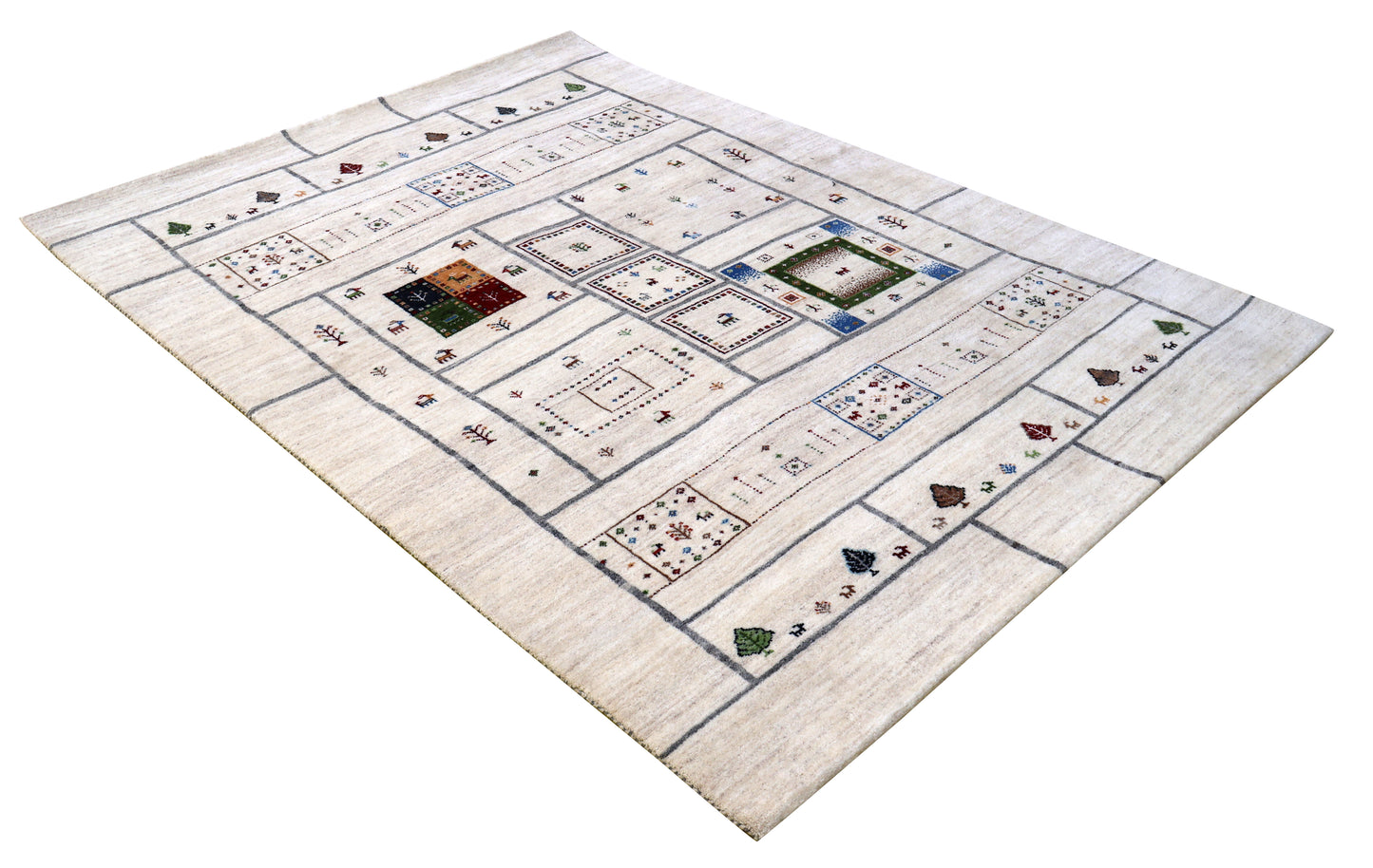 Ivory Gabbeh Patchwork Pictorial Wool Viscose Hand Knotted Contemporary 5.6x8 Area Rug