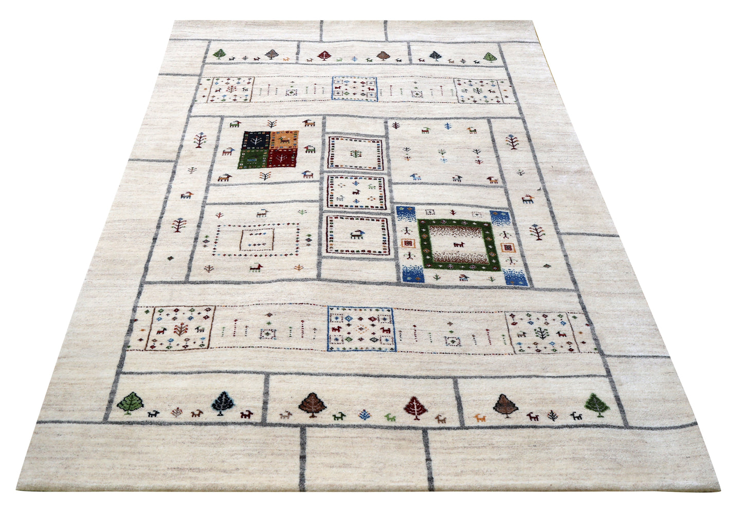 Ivory Gabbeh Patchwork Pictorial Wool Viscose Hand Knotted Contemporary 5.6x8 Area Rug
