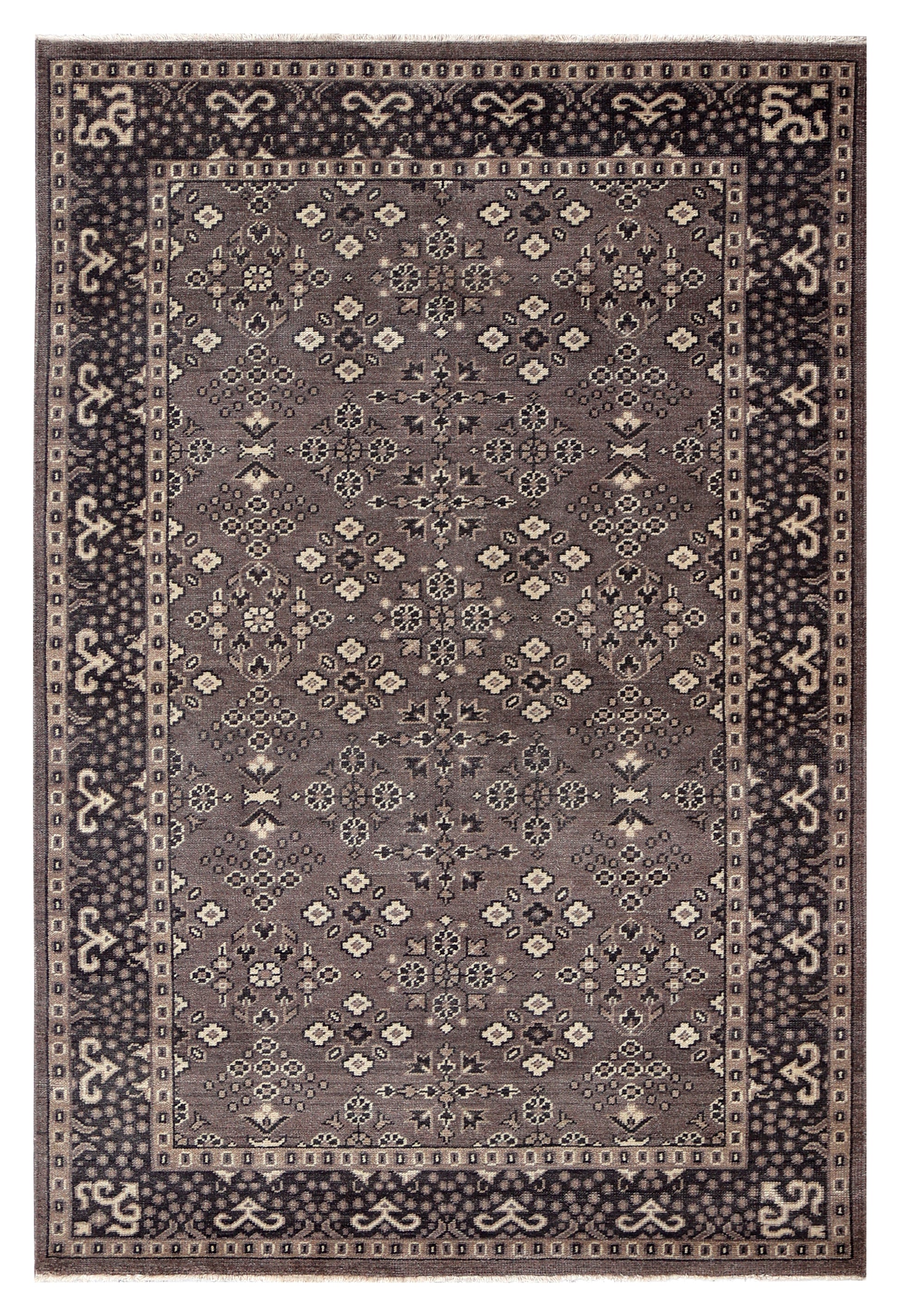 Antique Taupe Grey Brown Charcoal Ivory Turkmen Bokhara Geometric Rosette Hand Knotted Wool 6x9 Bhadohi Area Rug