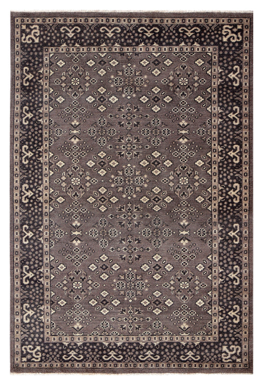 Antique Taupe Grey Brown Charcoal Ivory Turkmen Bokhara Geometric Rosette Hand Knotted Wool 6x9 Bhadohi Area Rug