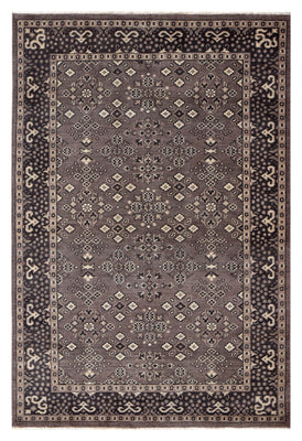 Antique Taupe Grey Brown Charcoal Ivory Turkmen Bokhara Geometric Rosette Hand Knotted Wool 6x9 Bhadohi Area Rug