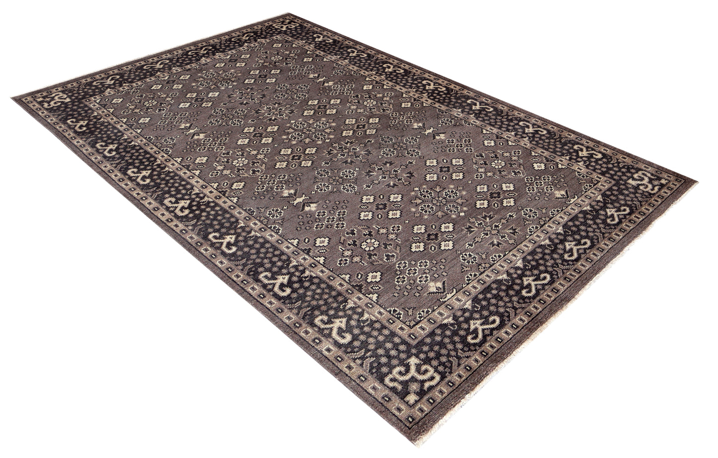 Antique Taupe Grey Brown Charcoal Ivory Turkmen Bokhara Geometric Rosette Hand Knotted Wool 6x9 Bhadohi Area Rug