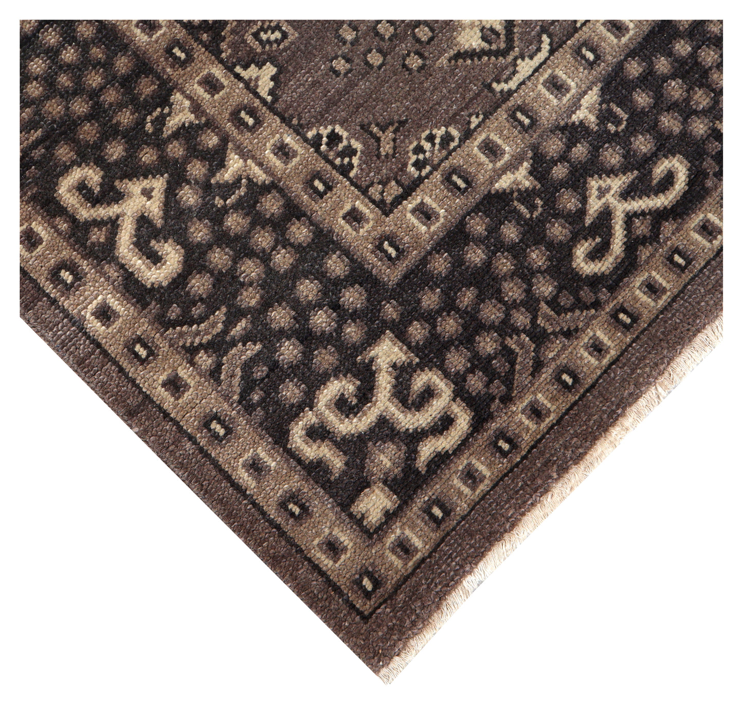 Antique Taupe Grey Brown Charcoal Ivory Turkmen Bokhara Geometric Rosette Hand Knotted Wool 6x9 Bhadohi Area Rug