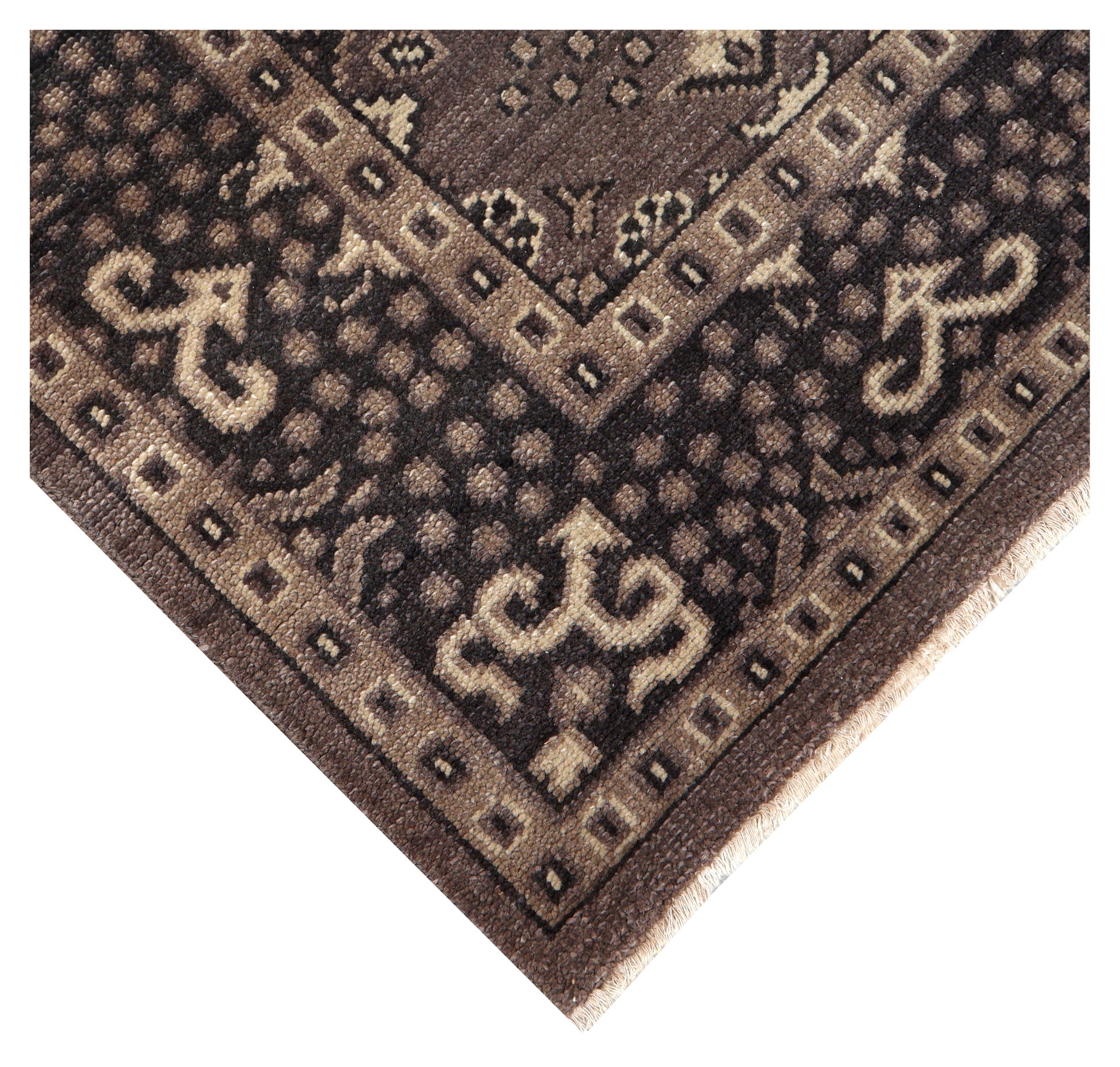 Antique Taupe Grey Brown Charcoal Ivory Turkmen Bokhara Geometric Rosette Hand Knotted Wool 6x9 Bhadohi Area Rug