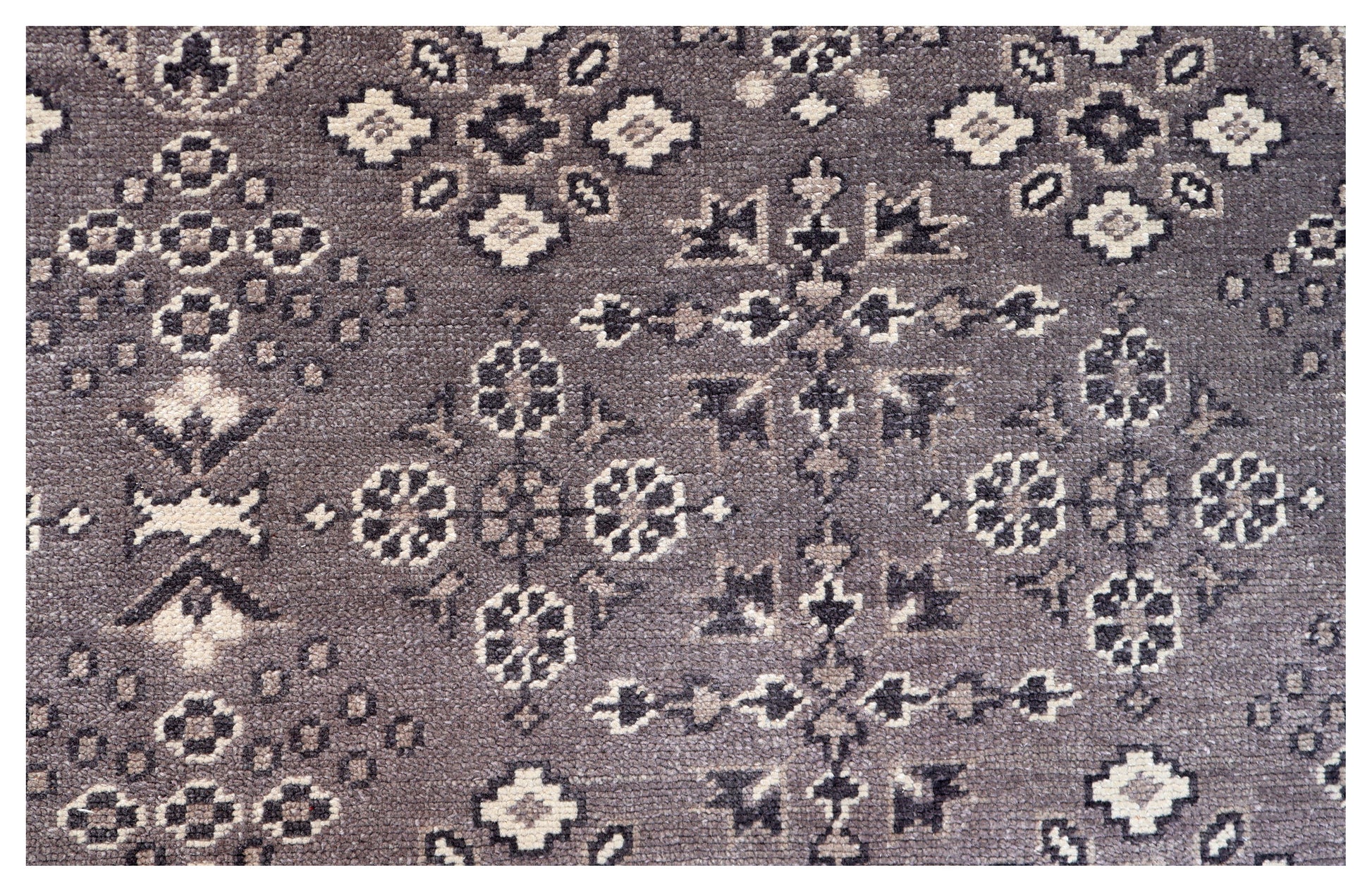 Antique Taupe Grey Brown Charcoal Ivory Turkmen Bokhara Geometric Rosette Hand Knotted Wool 6x9 Bhadohi Area Rug