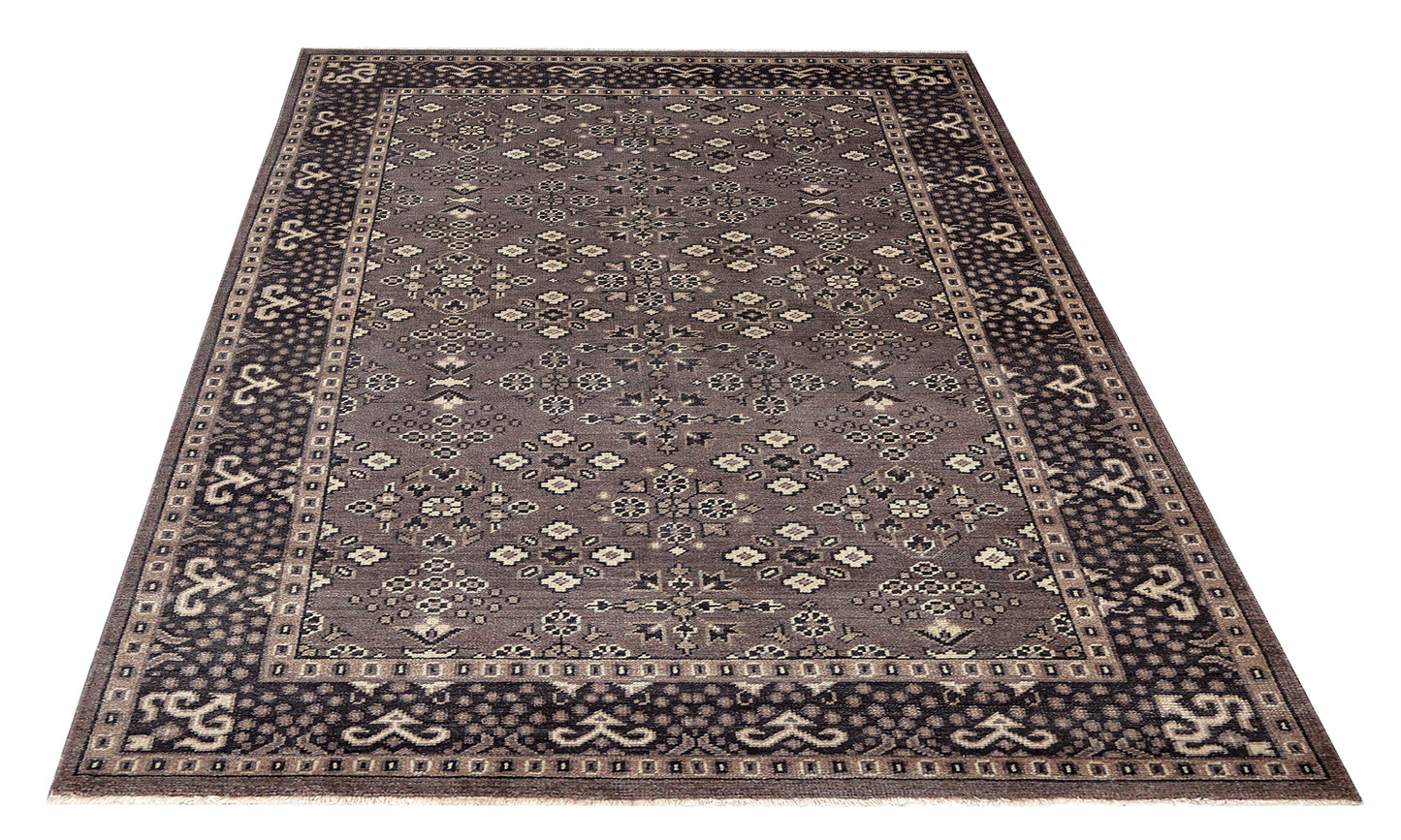 Antique Taupe Grey Brown Charcoal Ivory Turkmen Bokhara Geometric Rosette Hand Knotted Wool 6x9 Bhadohi Area Rug