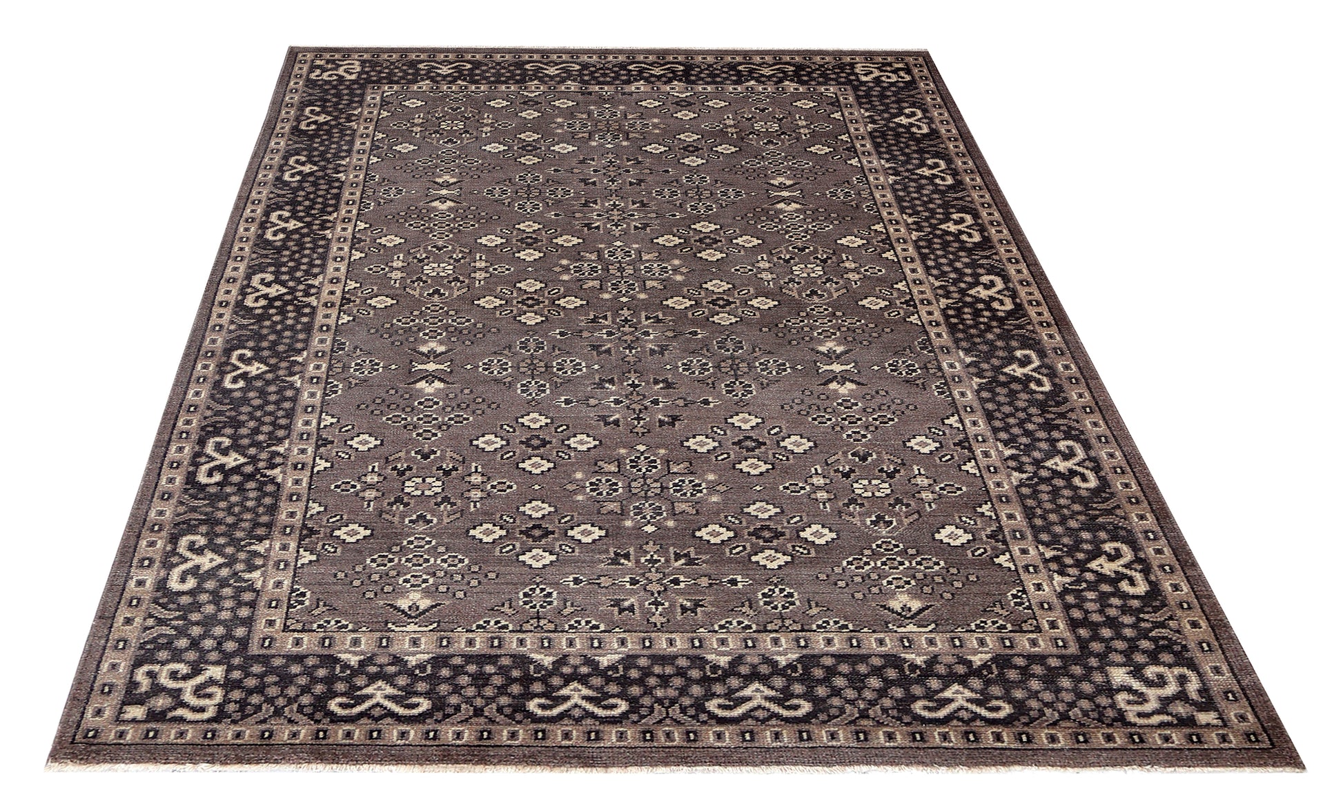 Antique Taupe Grey Brown Charcoal Ivory Turkmen Bokhara Geometric Rosette Hand Knotted Wool 6x9 Bhadohi Area Rug