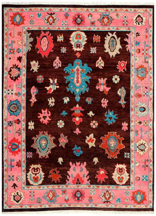 Vibrant Colorful Brown Pink 8x10 Wool Area Rug - Hand Knotted Vintage Antique Oriental Oushak