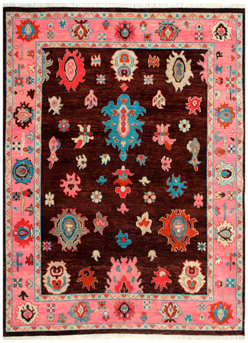 Vibrant Colorful Brown Pink 8x10 Wool Area Rug - Hand Knotted Vintage Antique Oriental Oushak