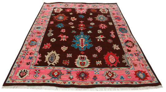 Vibrant Colorful Brown Pink 8x10 Wool Area Rug - Hand Knotted Vintage Antique Oriental Oushak