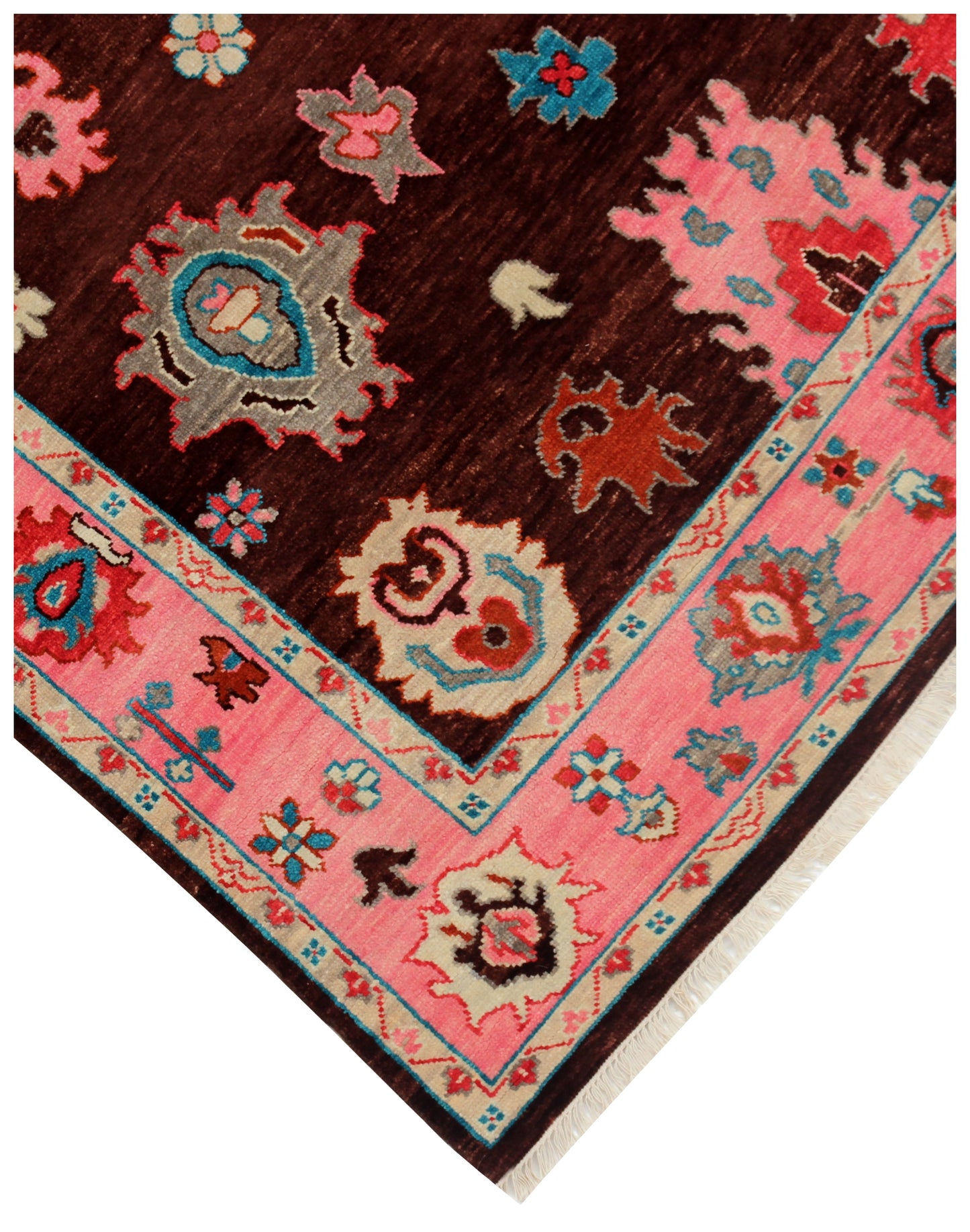 Vibrant Colorful Brown Pink 8x10 Wool Area Rug - Hand Knotted Vintage Antique Oriental Oushak