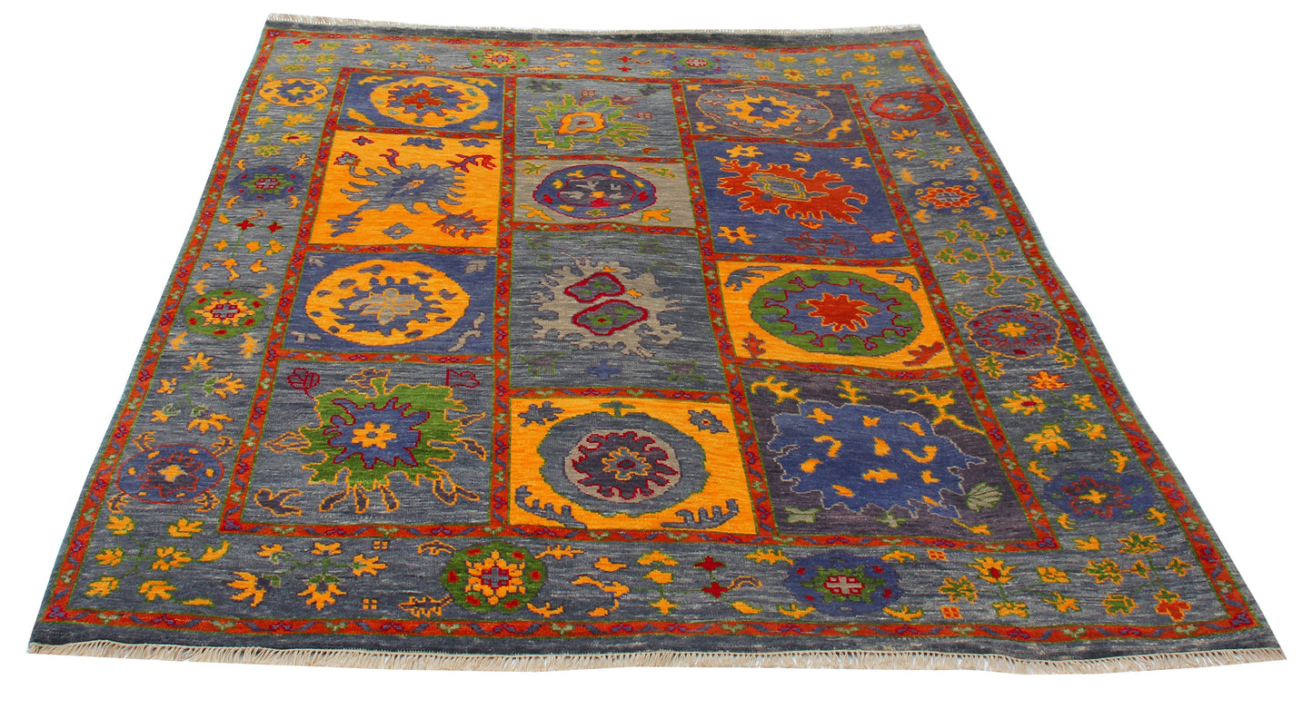 Contemporary Gabbeh Blue Orange 8x10 Hand Knotted Wool Area Rug - Vibrant Colorful Geometric