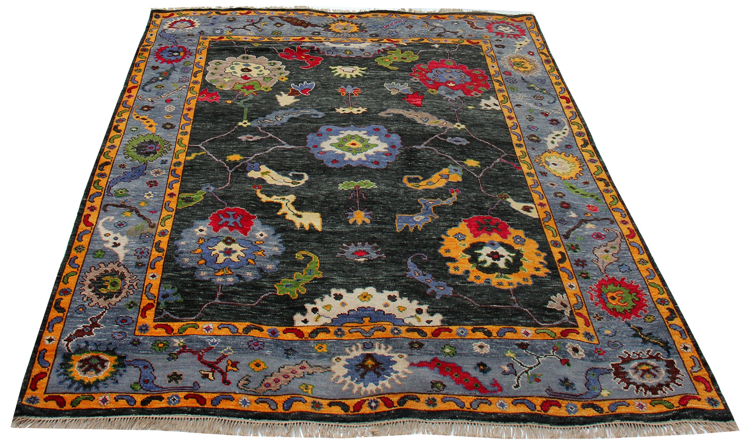 Antique Style Vibrant Colorful Grey Charcoal Hand Knotted 8x10 Wool Area Rug - Oriental Oushak
