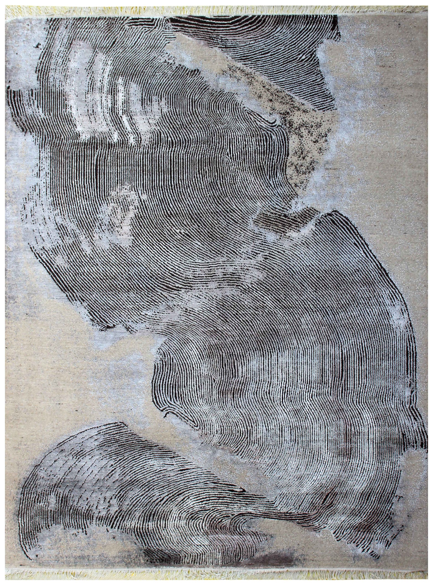 Sand Ivory Charcoal Wave Modern Stripes Hand Knotted Wool Viscose 85 KPSI 8x10 Area Rug