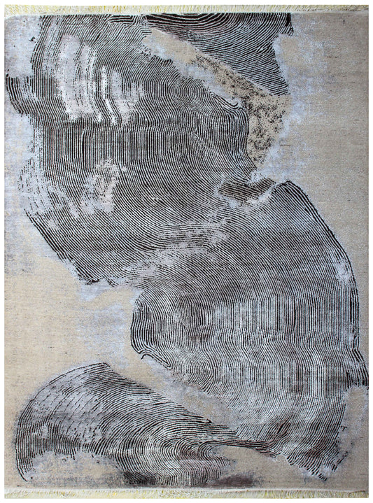 Sand Ivory Charcoal Wave Modern Stripes Hand Knotted Wool Viscose 85 KPSI 8x10 Area Rug