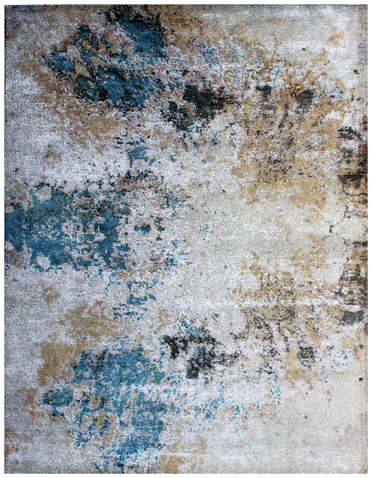 Weathered Fresco Ivory Teal Gold Modern Abstract Hand Knotted Wool Viscose 85 KPSI 8x10 Area Rug