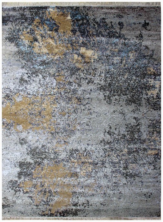 Silver Grey Gold Charcoal Teal Modern Abstract Distressed Hand Knotted Wool Viscose 85 KPSI 8x10 Area Rug