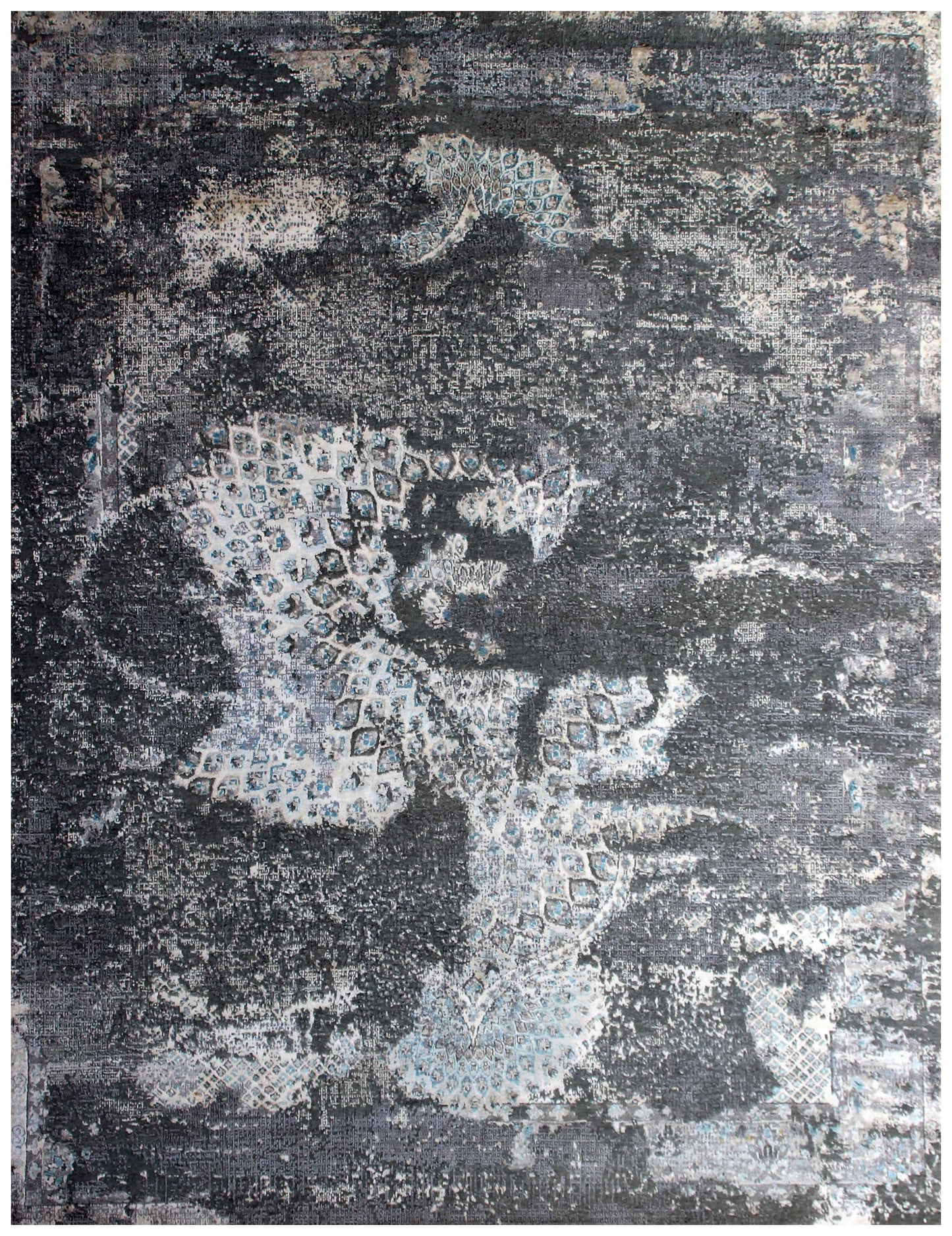 Charcoal Black Silver Diamond Lattice Eroded Modern Abstract Hand Knotted Wool Viscose 85 KPSI 8x10 Area Rug