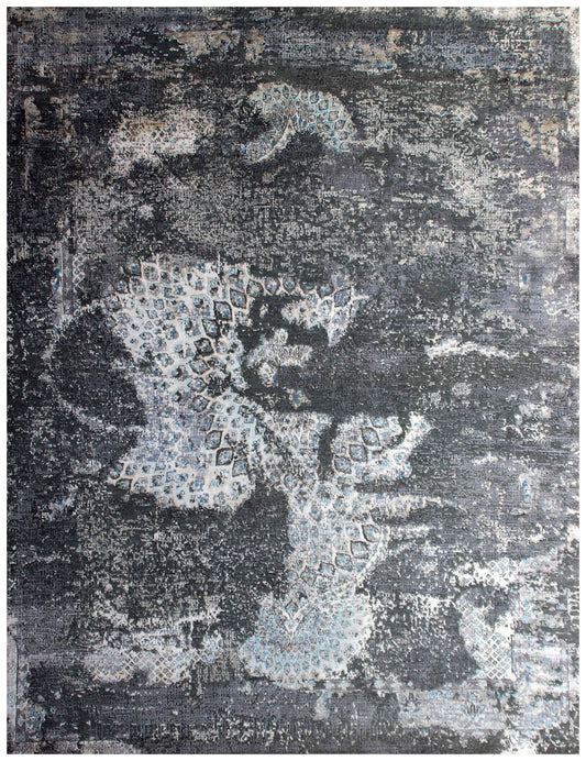 Charcoal Black Silver Diamond Lattice Eroded Modern Abstract Hand Knotted Wool Viscose 85 KPSI 8x10 Area Rug