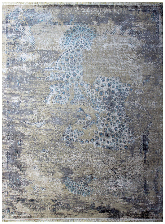 Light Grey Beige Teal Blue Floral Modern Abstract Distressed Hand Knotted Wool Viscose 85 KPSI 8x10 Area Rug