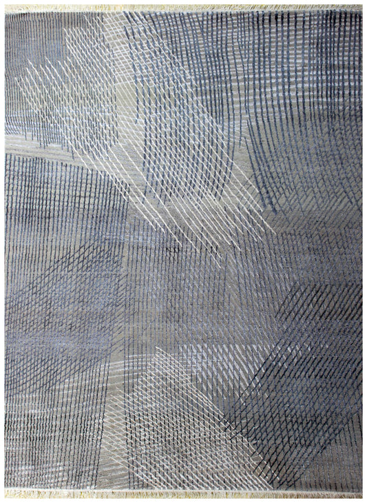 Silver Grey Charcoal Overlapping Grid Diagonal Modern Geometric Hand Knotted Wool Viscose 85 KPSI 8x10 Area Rug