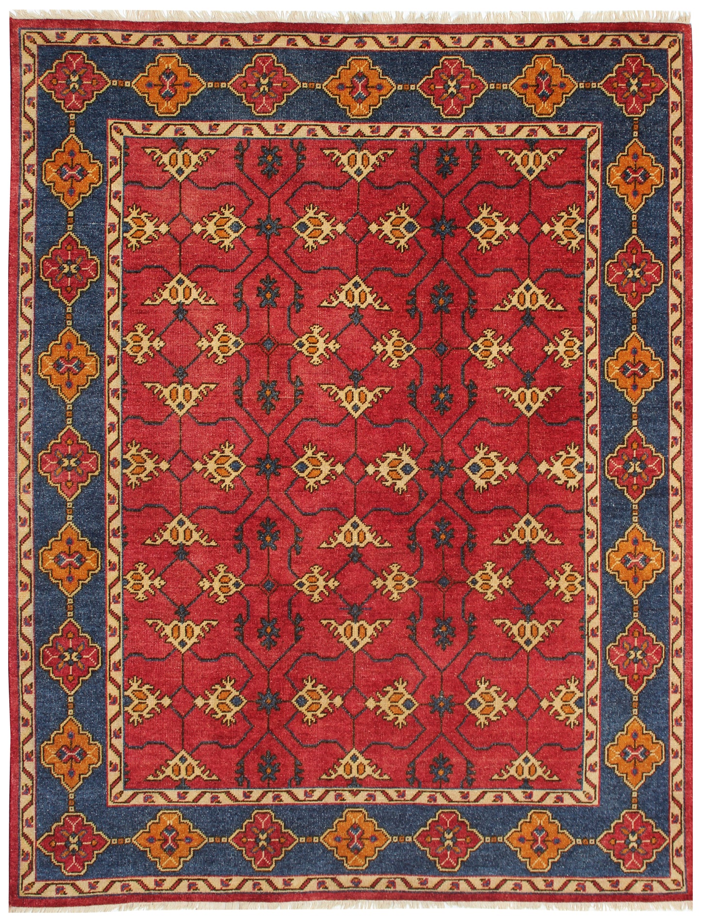 Red Navy Blue 8x10 Wool Area Rug - Hand Knotted Vintage Antique Caucasian Kazak Tribal