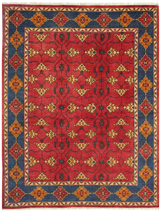 Red Navy Blue 8x10 Wool Area Rug - Hand Knotted Vintage Antique Caucasian Kazak Tribal