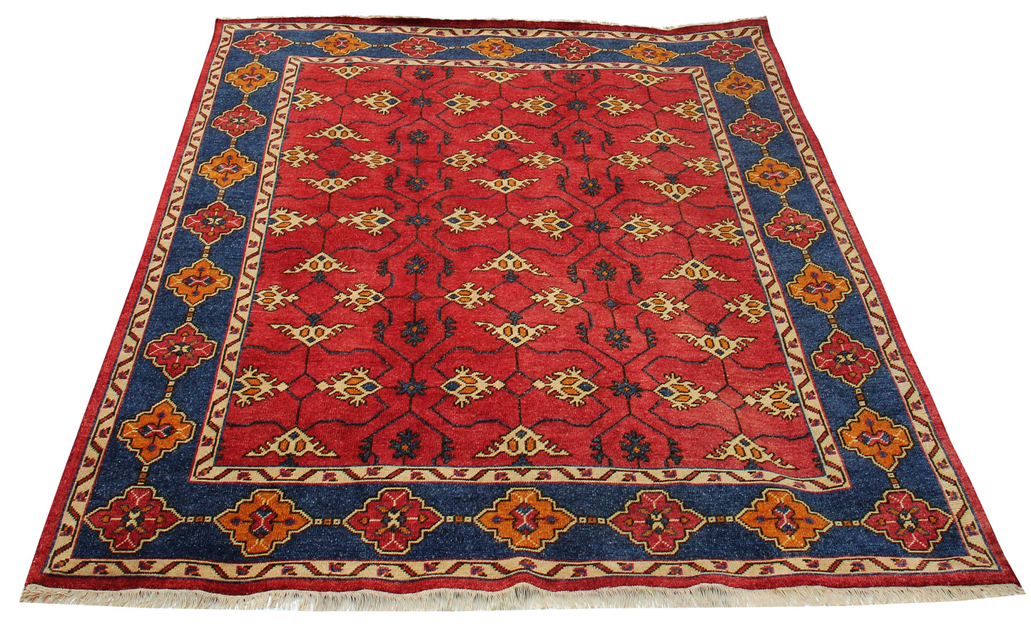 Red Navy Blue 8x10 Wool Area Rug - Hand Knotted Vintage Antique Caucasian Kazak Tribal