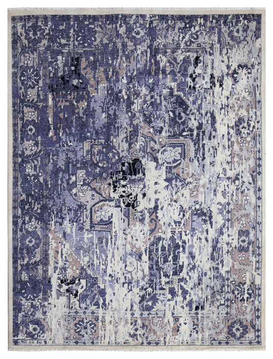 Violet Ivory Abstract Distressed Persian Waterfall Wool Hand Knotted Vintage 8x10 Area Rug