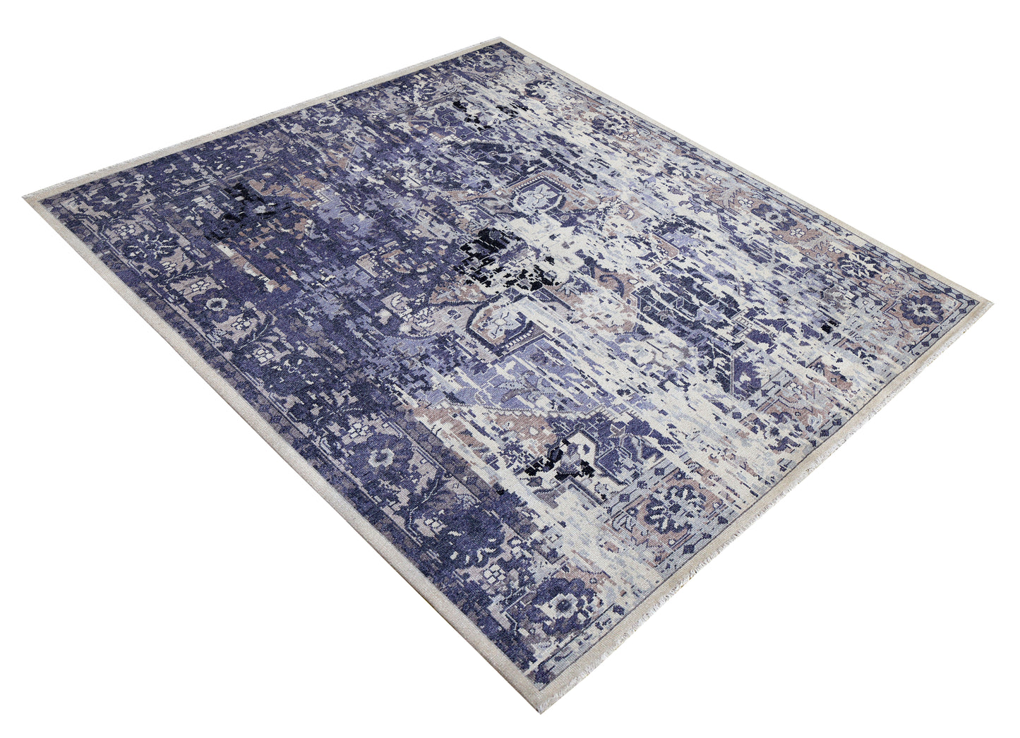 Violet Ivory Abstract Distressed Persian Waterfall Wool Hand Knotted Vintage 8x10 Area Rug
